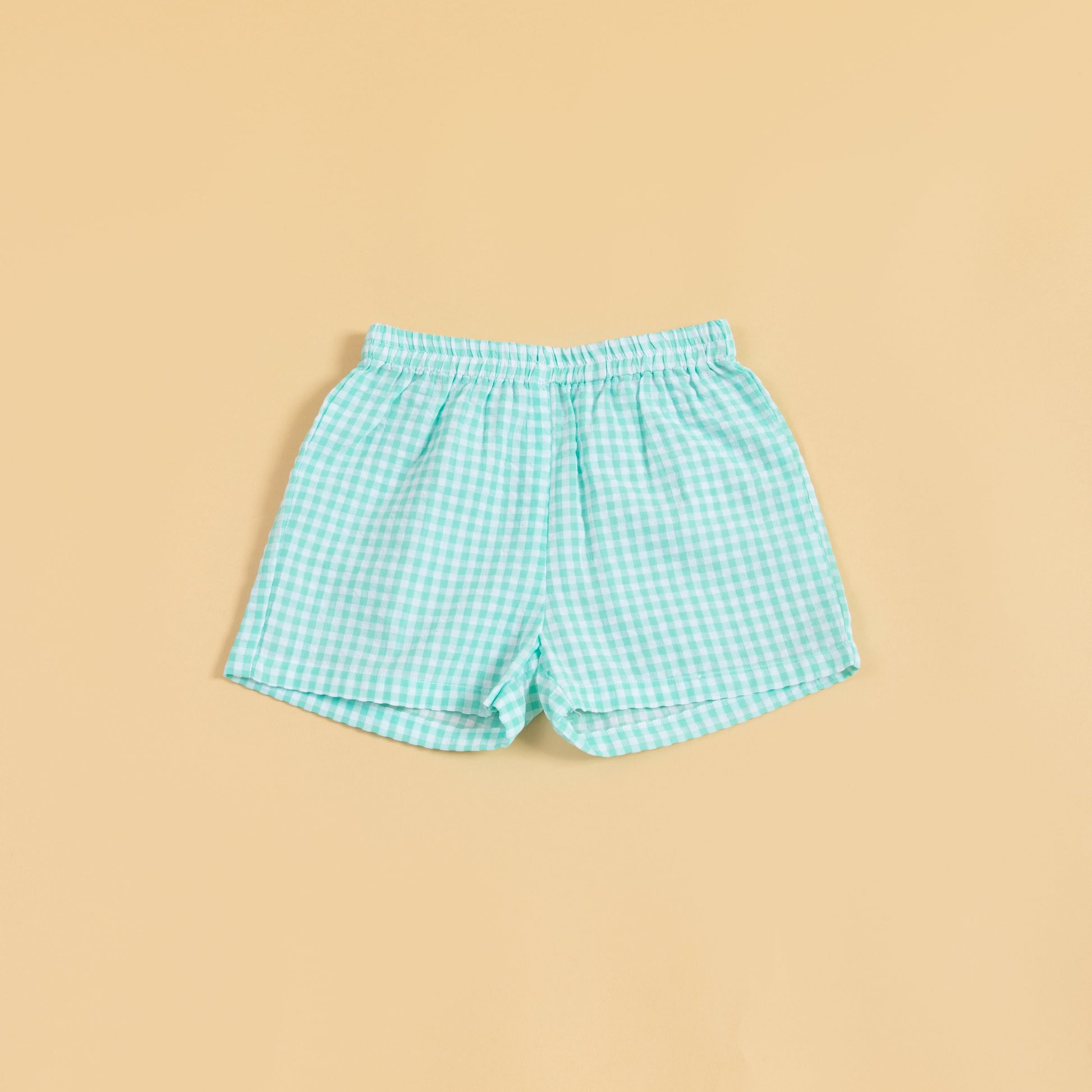 Trendy two piece kimono set featuring stylish gingham shorts in light blue and white