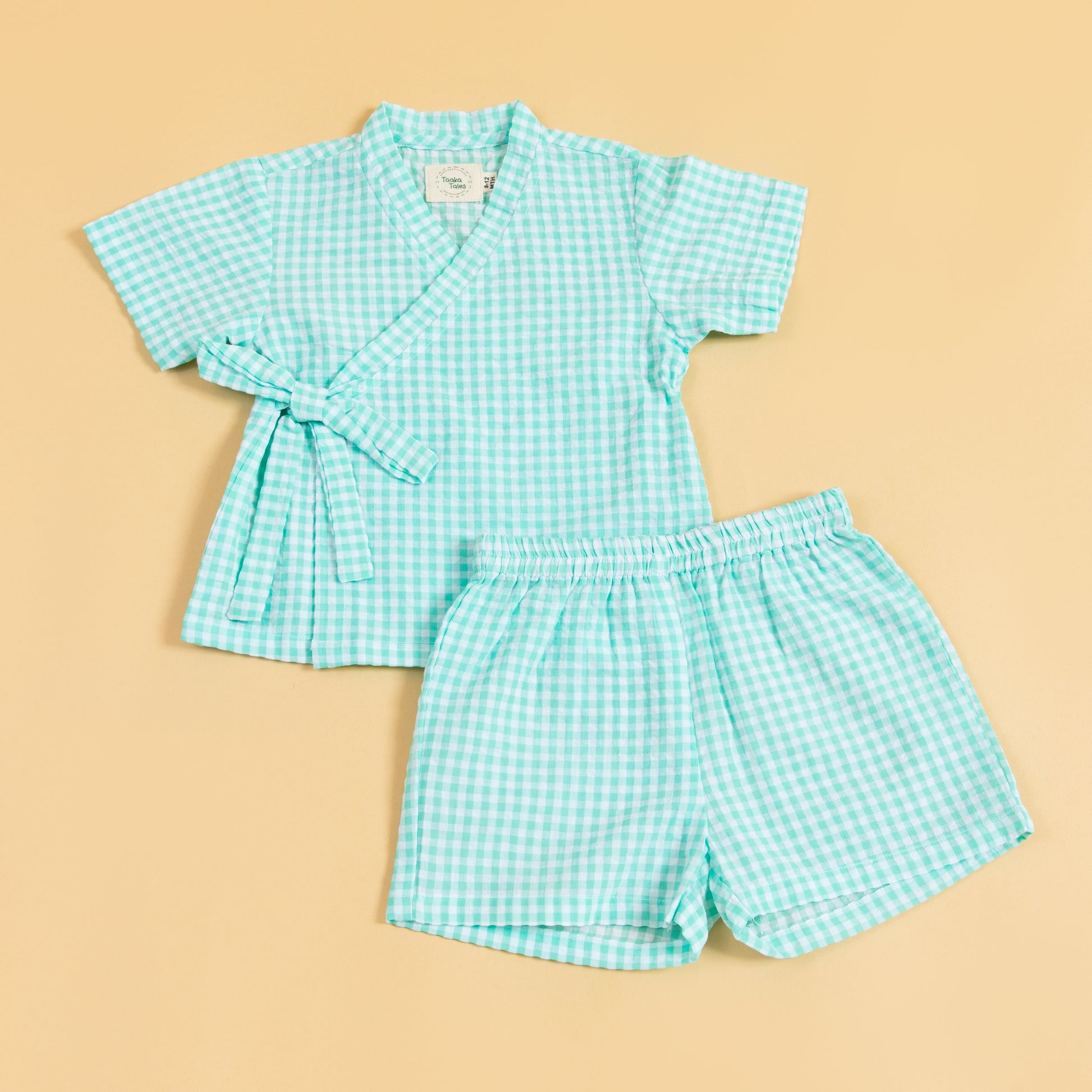Light blue trendy two piece kimono set with checkered pattern and comfortable fit