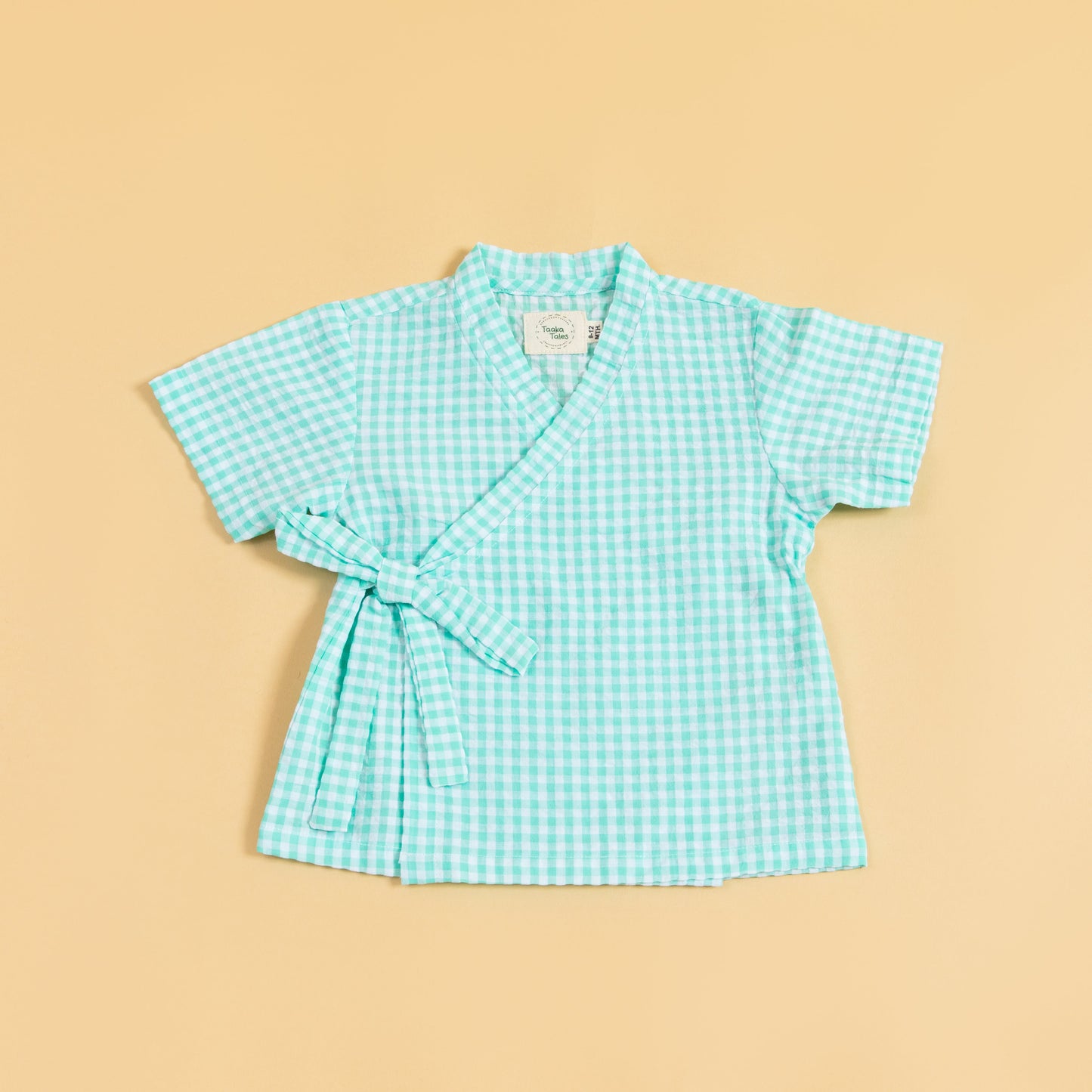 Trendsetting light blue gingham trendy two piece kimono set with wrap design and tie for stylish comfort