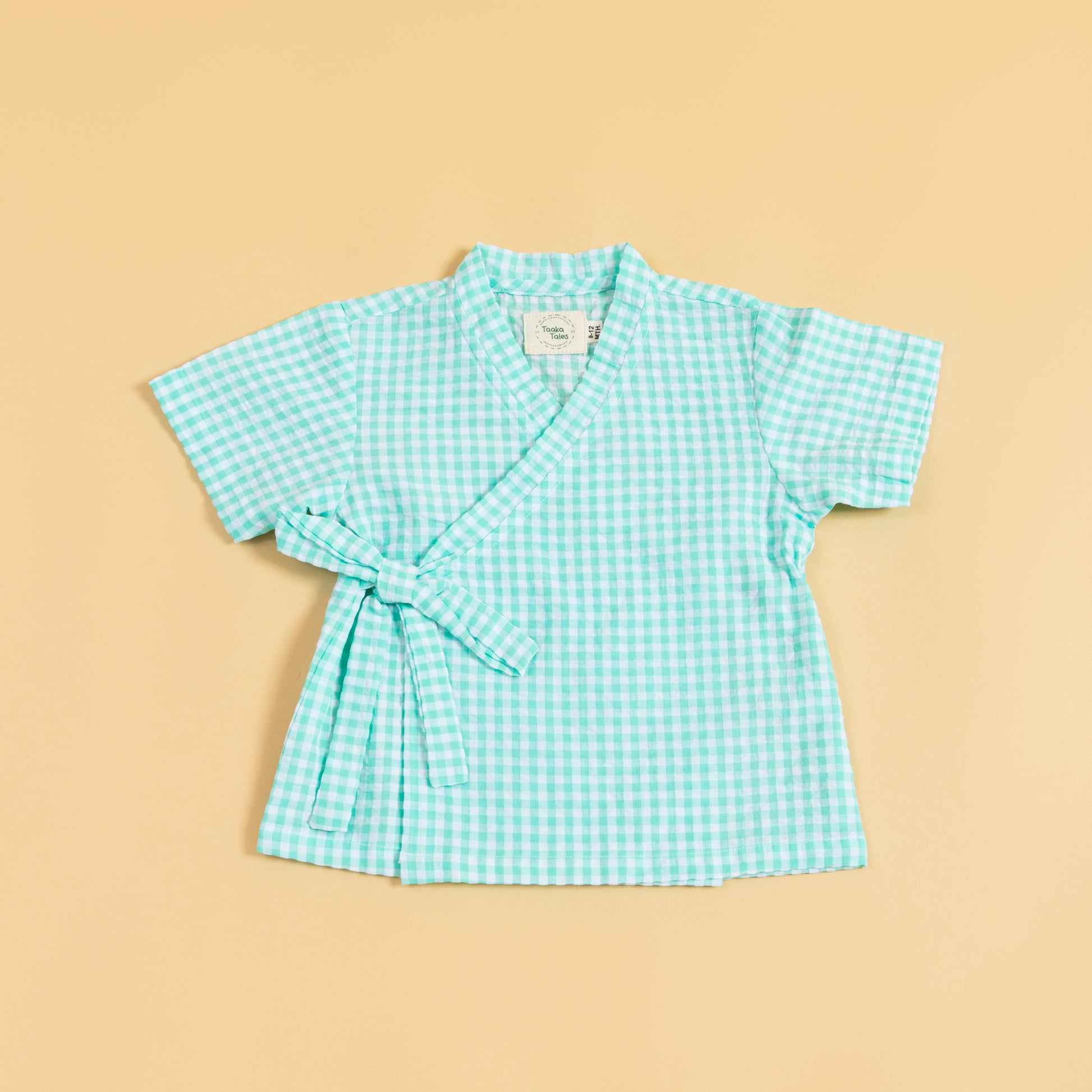 Trendsetting light blue gingham trendy two piece kimono set with wrap design and tie for stylish comfort