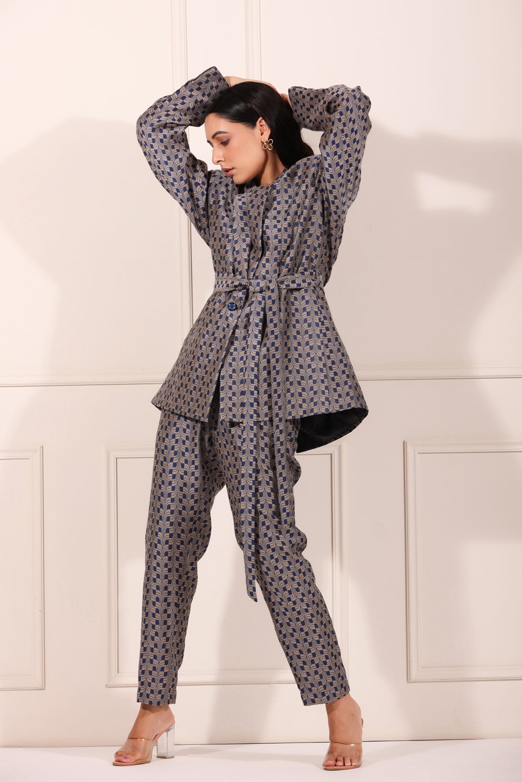 Trendy two piece pant suit women with stylish design and belted waist for a modern look