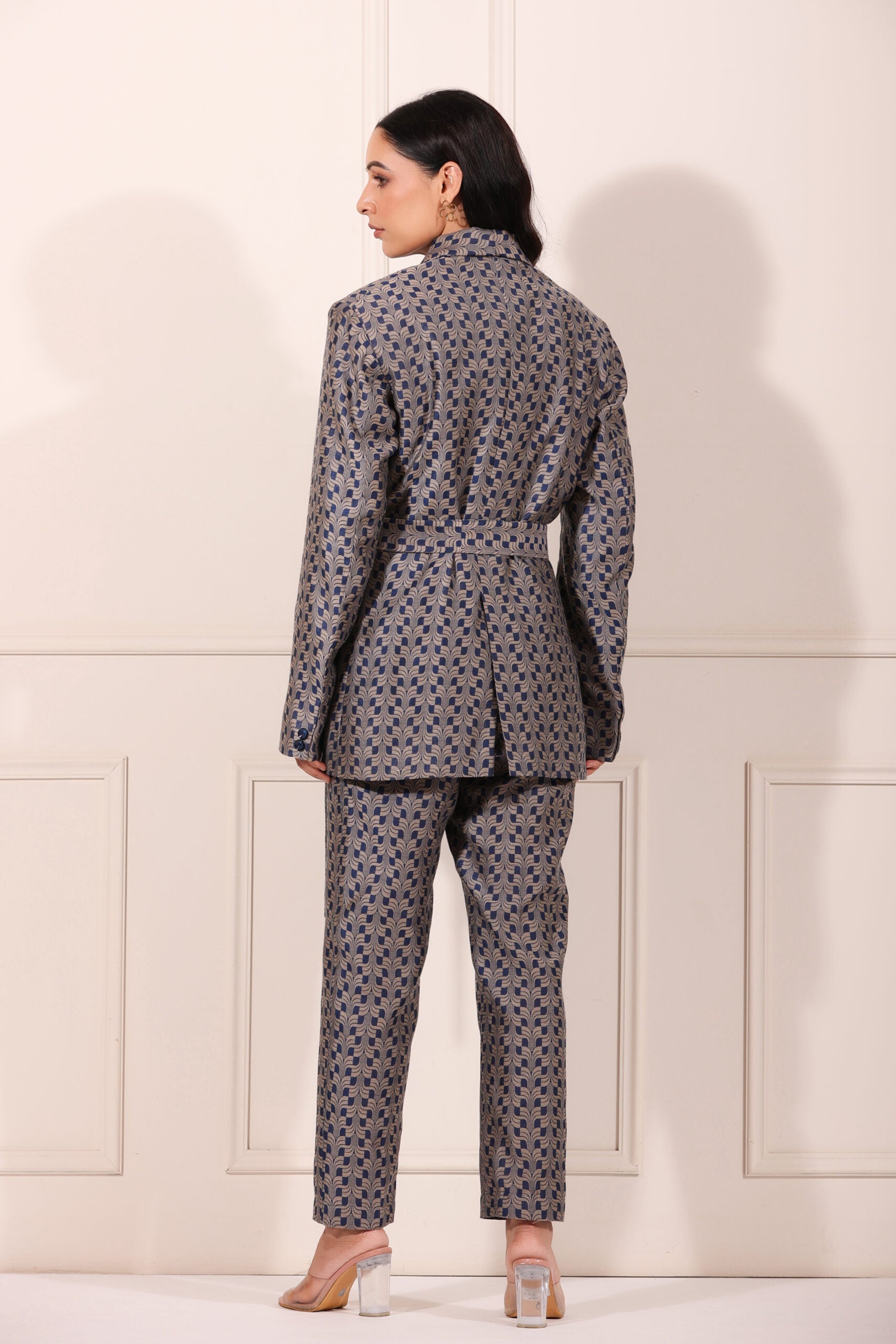 Trendy two piece pant suit women in stylish gray with blue pattern, perfect for formal occasions