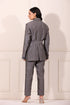 Trendy two piece pant suit women in stylish gray with blue pattern, perfect for formal occasions