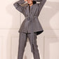 Trendy two piece pant suit women in stylish geometric pattern with belted jacket and matching pants