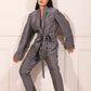 Trendy two piece pant suit women in gray with blue pattern and a belted waist for stylish occasions
