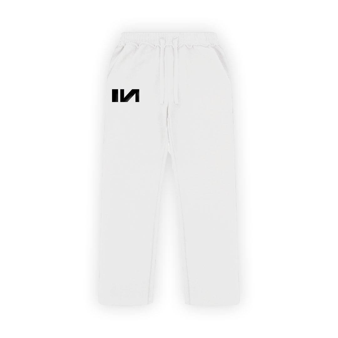 Stylera trendy white sweatpants with black logo on thigh drawstring waist relaxed straight leg