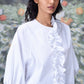 Stylera white ruffle front top with puff sleeves on model trendy white tops for ladies