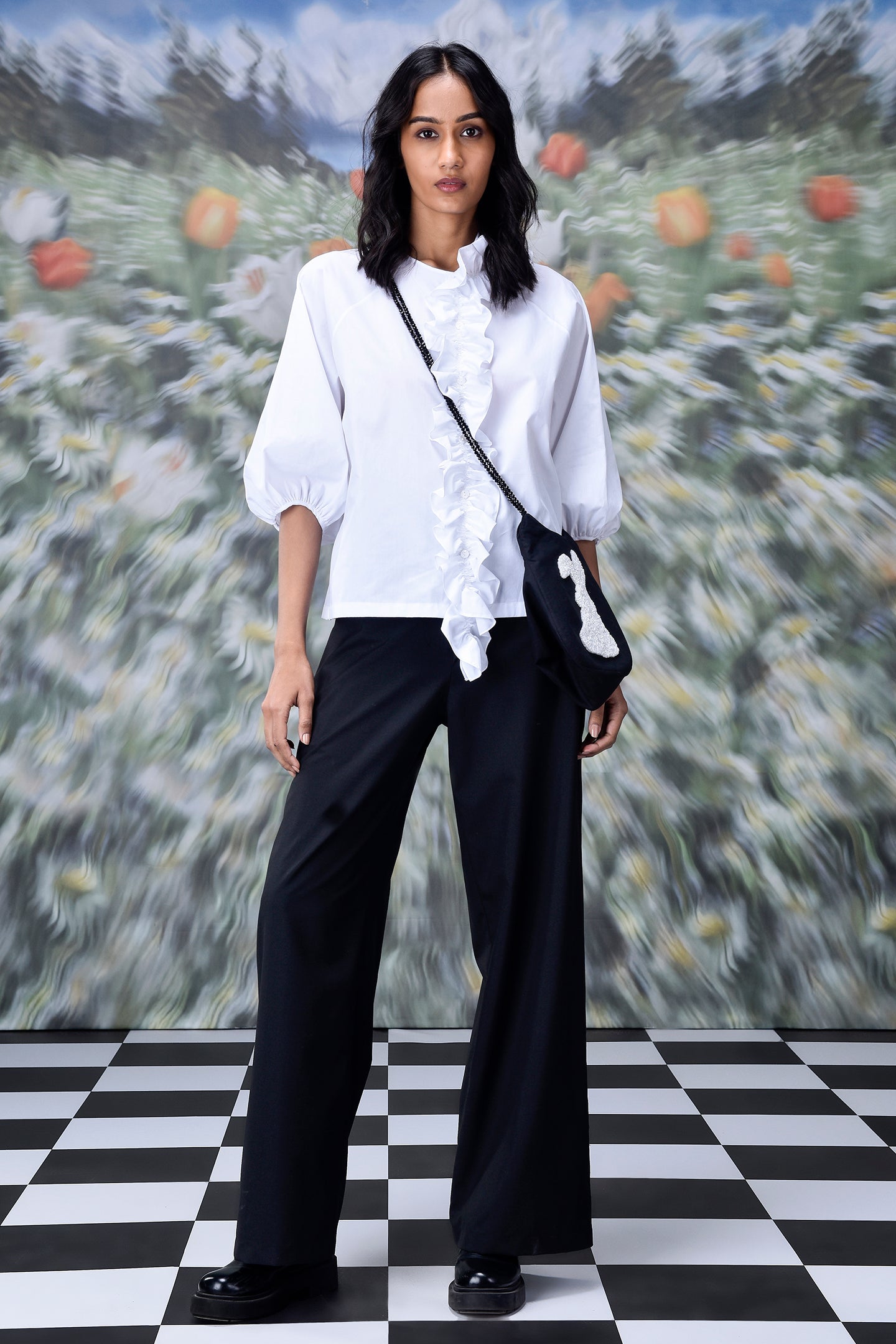 Stylera white ruffled blouse with puff sleeves paired with black wide leg pants trendy white tops for ladies 