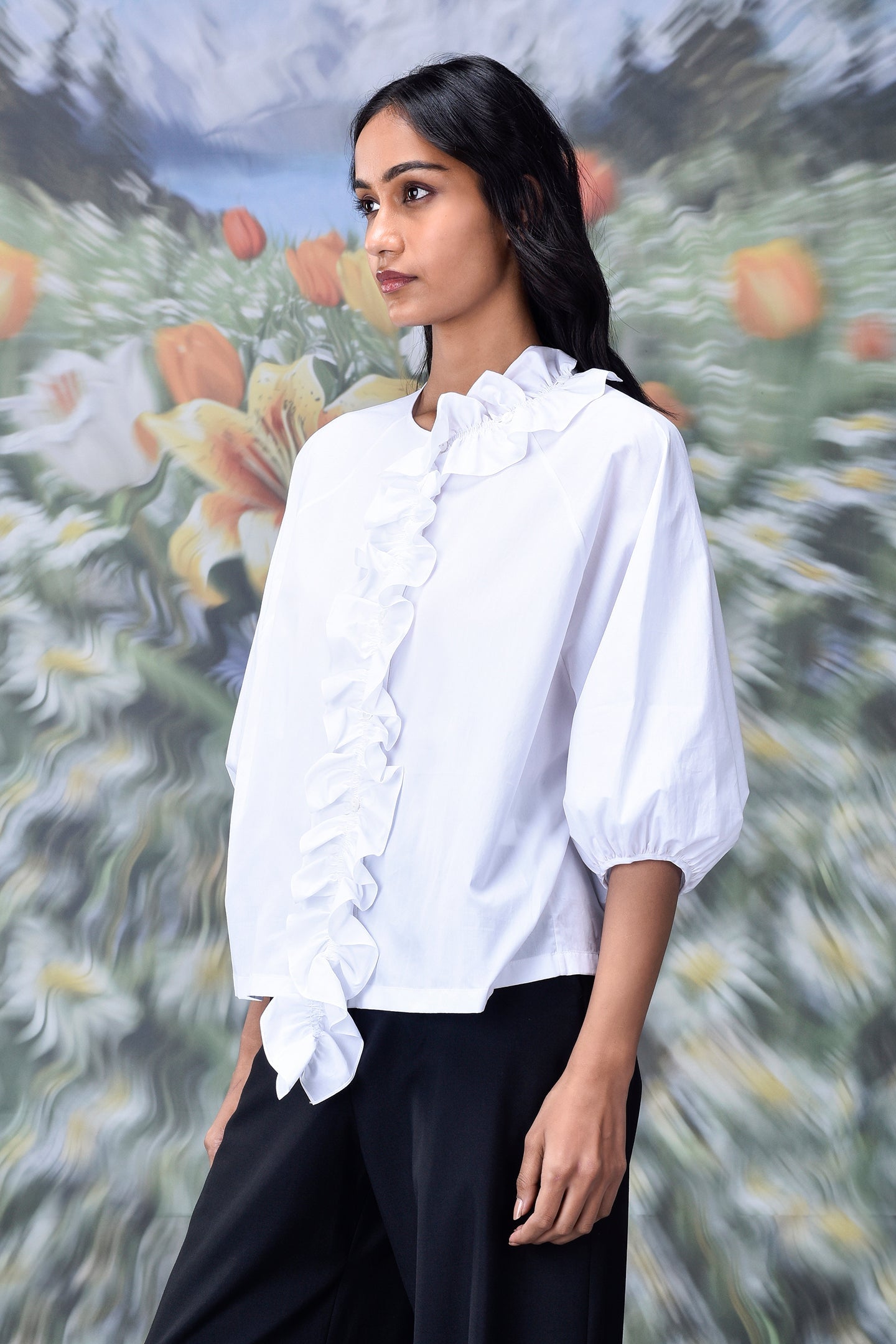 Stylera white ruffle top with asymmetric front and puff sleeves trendy white tops for ladies
