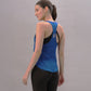 Side view of a blue trendy workout tank top for women, designed for comfort and style during exercise.