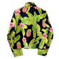Stylera women's bold print fashion outerwear tropical black jacket with pineapples banana leaves and pink hibiscus back view
