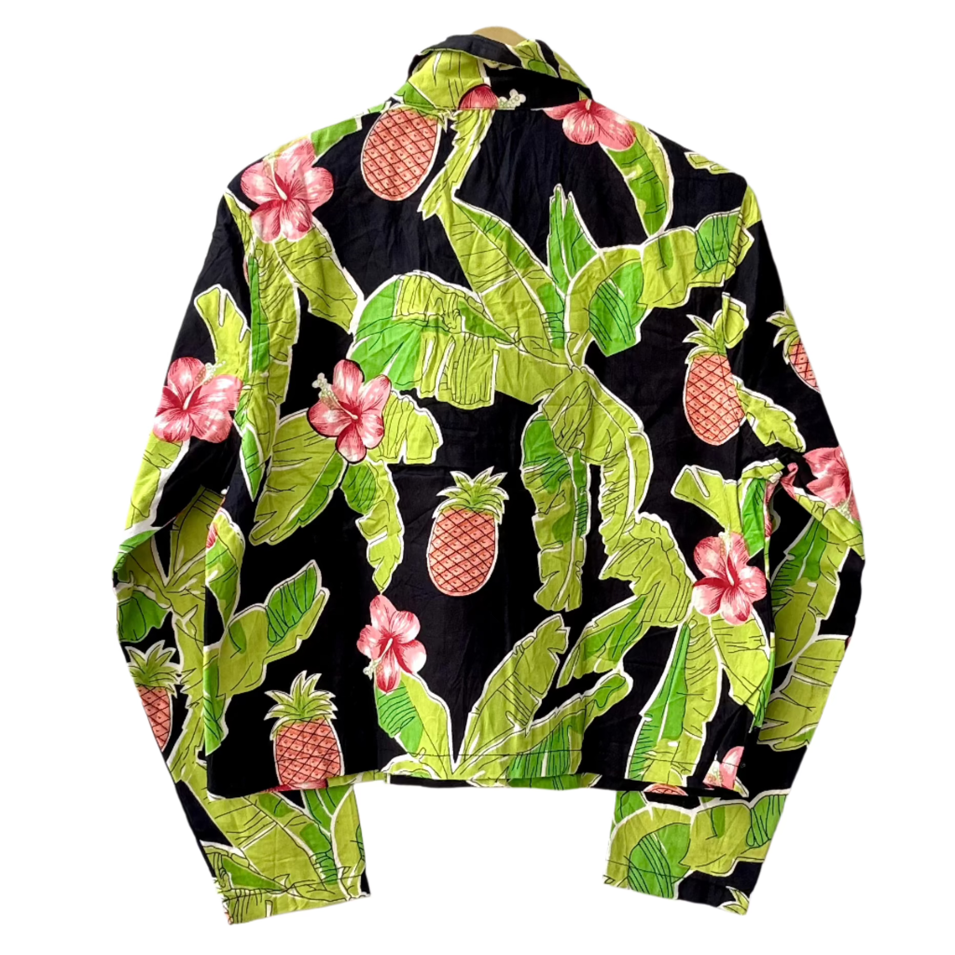 Stylera women's bold print fashion outerwear tropical black jacket with pineapples banana leaves and pink hibiscus back view