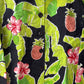 Stylera women's bold print fashion outerwear black button front jacket with green leaves pink hibiscus and pineapples