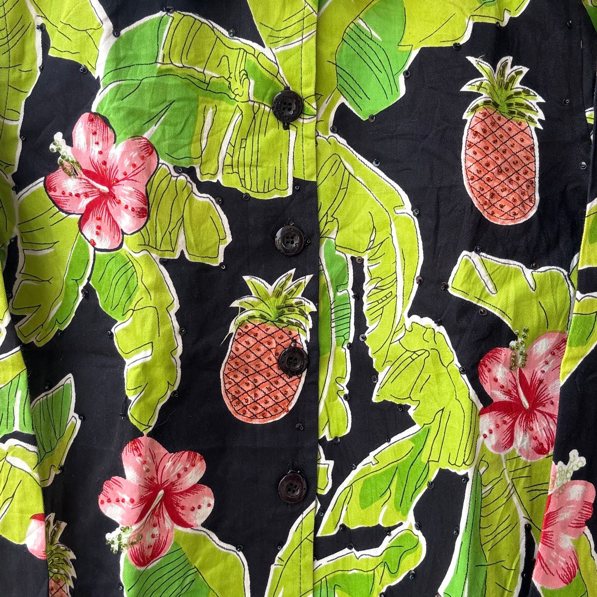 Stylera women's bold print fashion outerwear black button front jacket with green leaves pink hibiscus and pineapples