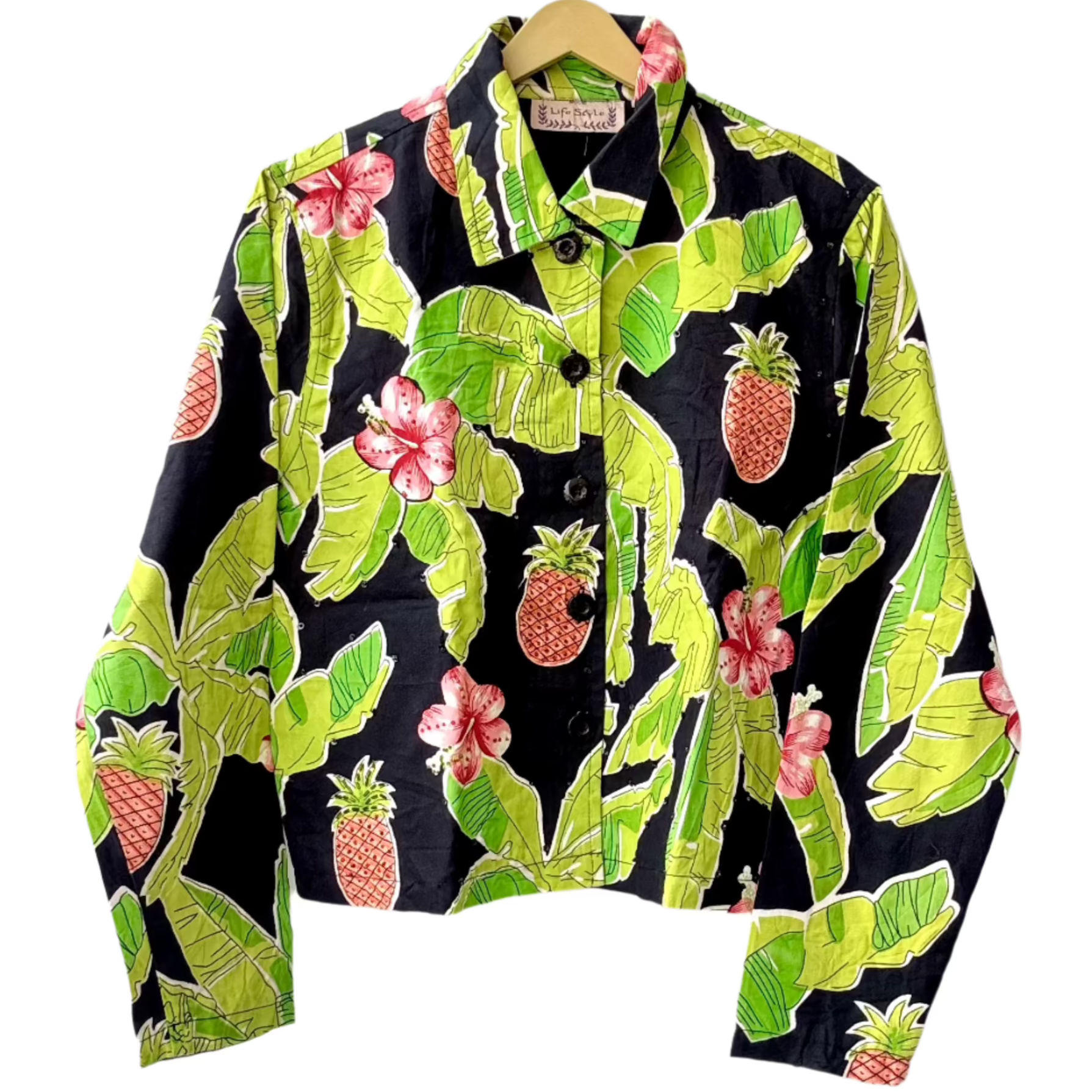 Stylera tropical cropped jacket with pineapples banana leaves and pink flowers women's bold print fashion outerwear