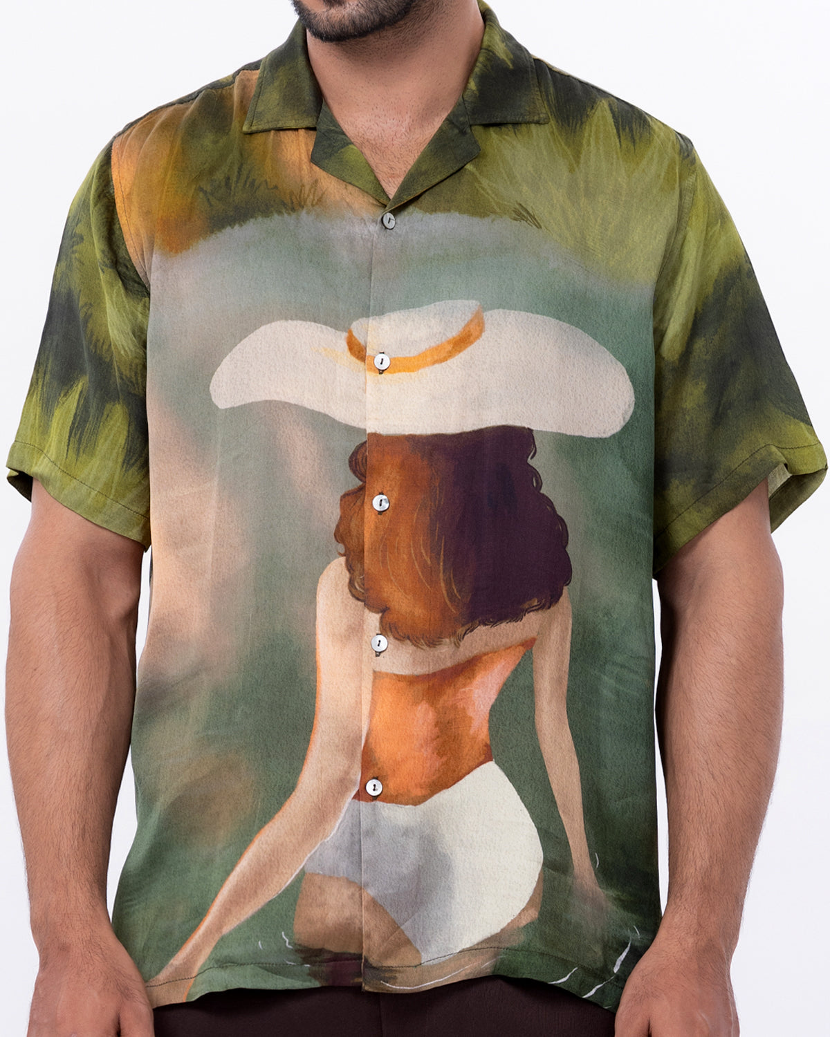 Stylera unique artistic shirts for men featuring a vibrant print of a woman in a sun hat by a pool