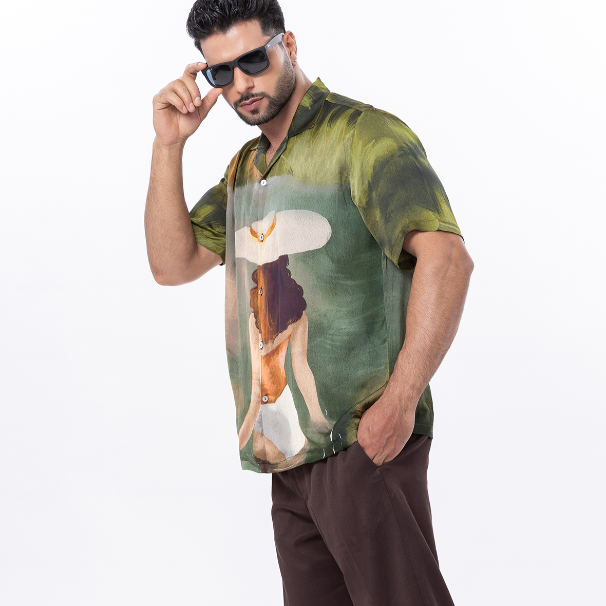 Stylera unique artistic shirts for men featuring a vibrant design with a fashionable model