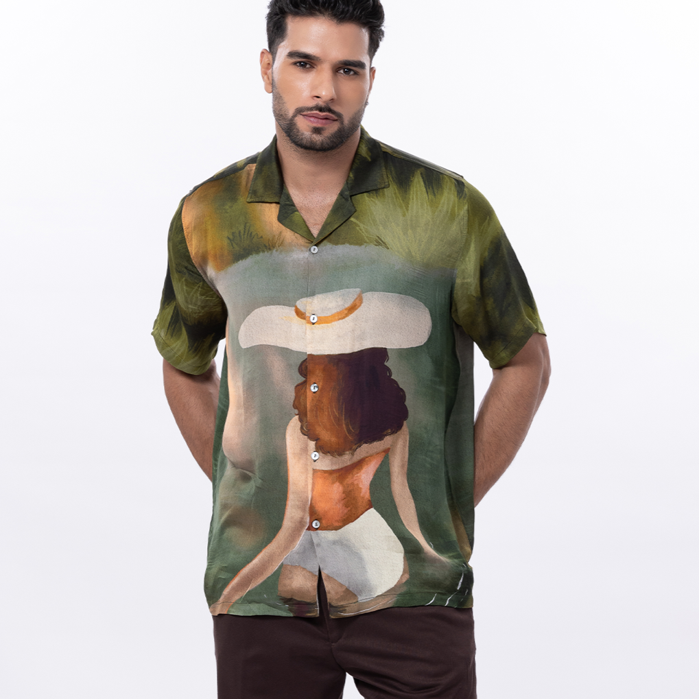 Stylera unique artistic shirts for men featuring a colorful design of a woman in a sun hat