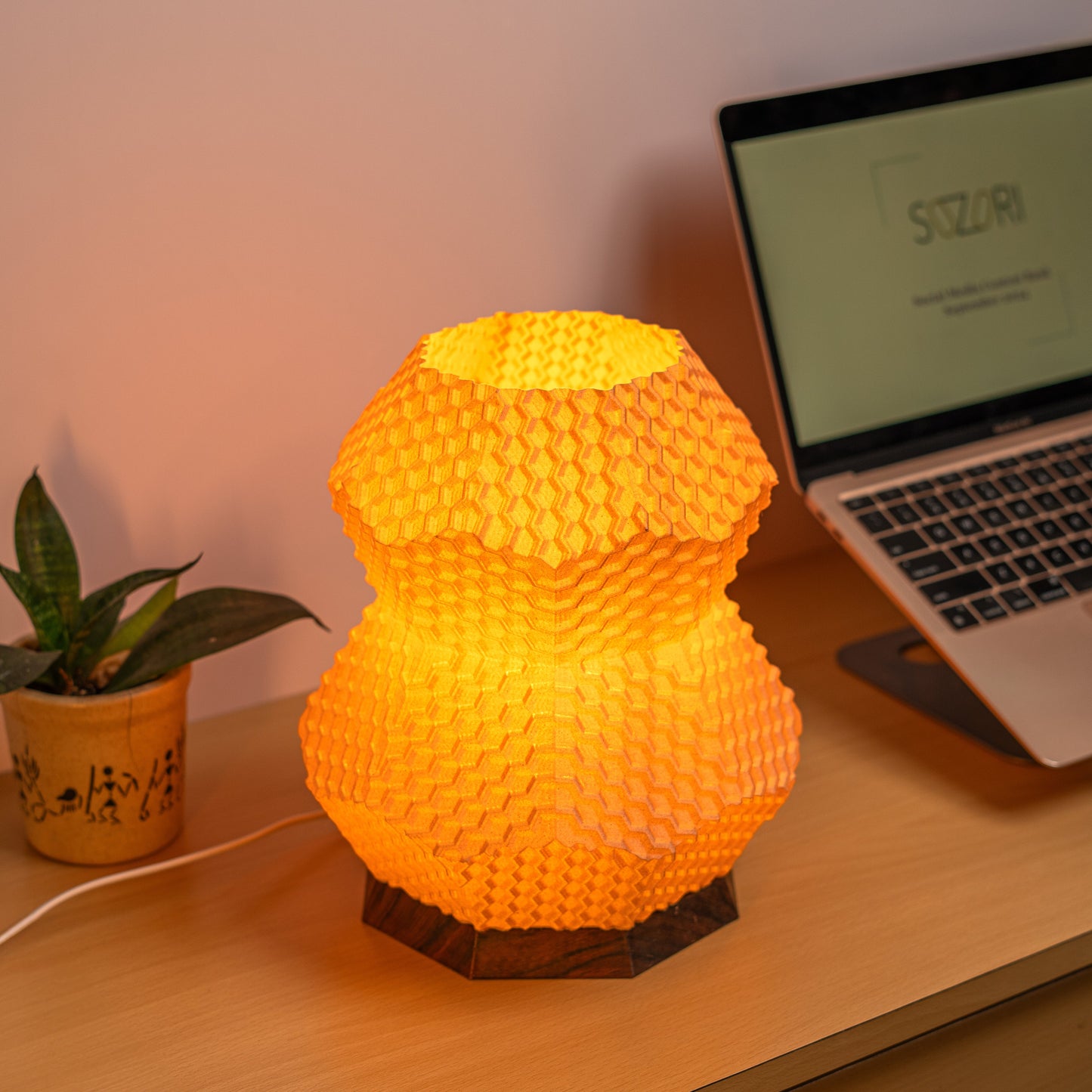 Sozori unique bedroom table lamp in orange with a stylish honeycomb design for modern decor