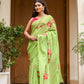 Unique designer malmal saree in green with floral patterns and tassels, perfect for elegant occasions