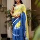 Unique designer saree for women in blue and yellow with stylish tie-dye patterns