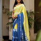 Unique designer saree for women in vibrant yellow and blue with tie-dye patterns and floral motifs