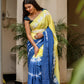 Elegant unique designer saree for women in blue and yellow with a vibrant tie-dye pattern
