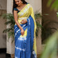 Unique designer saree for women in blue and yellow with elegant tie-dye patterns and stylish draping