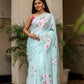 Elegant light blue unique designer sarees for parties featuring floral embroidery and tassel details.