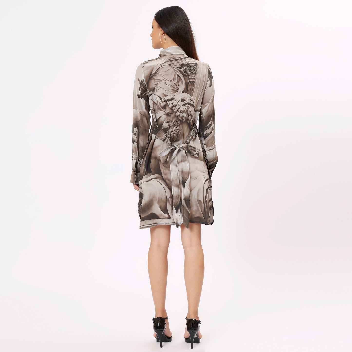 Back view of Stylera unique graphic button down dress showcasing intricate art design and stylish silhouette