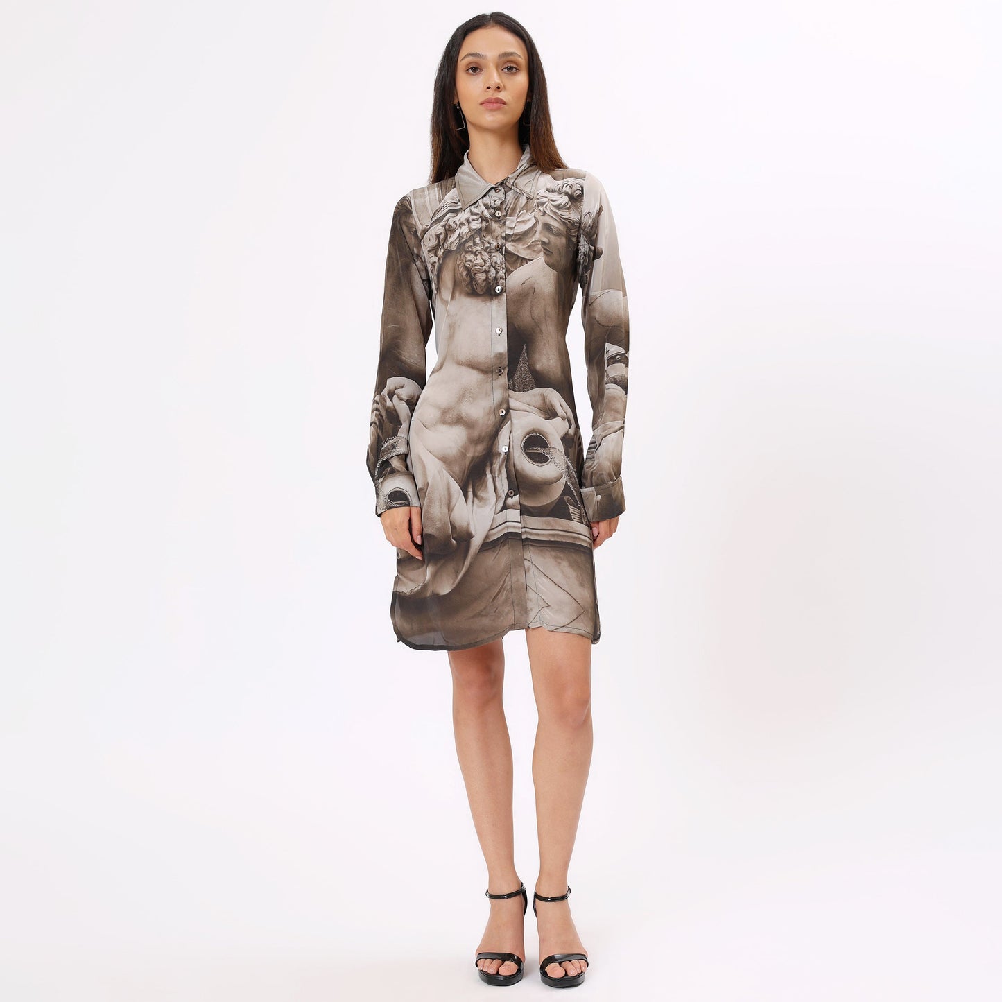 Stylera unique graphic button down dress featuring an artistic design and long sleeves