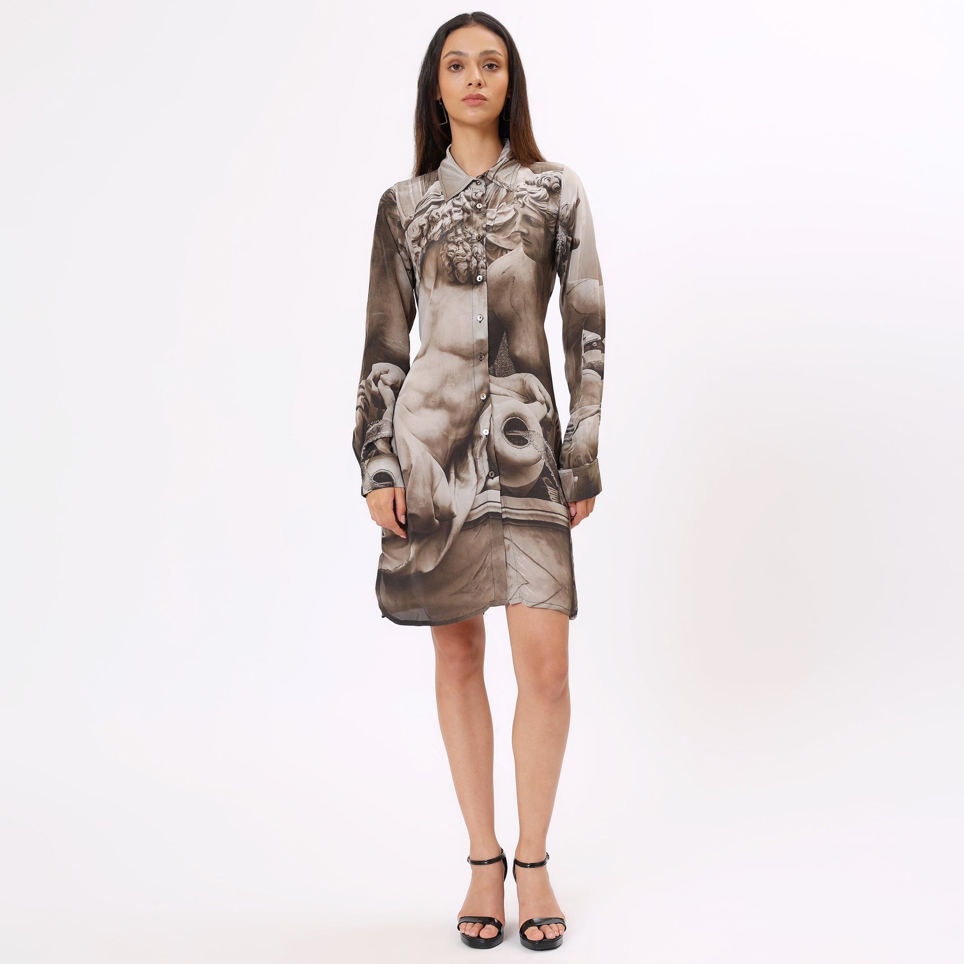 Stylera unique graphic button down dress featuring an artistic design and long sleeves