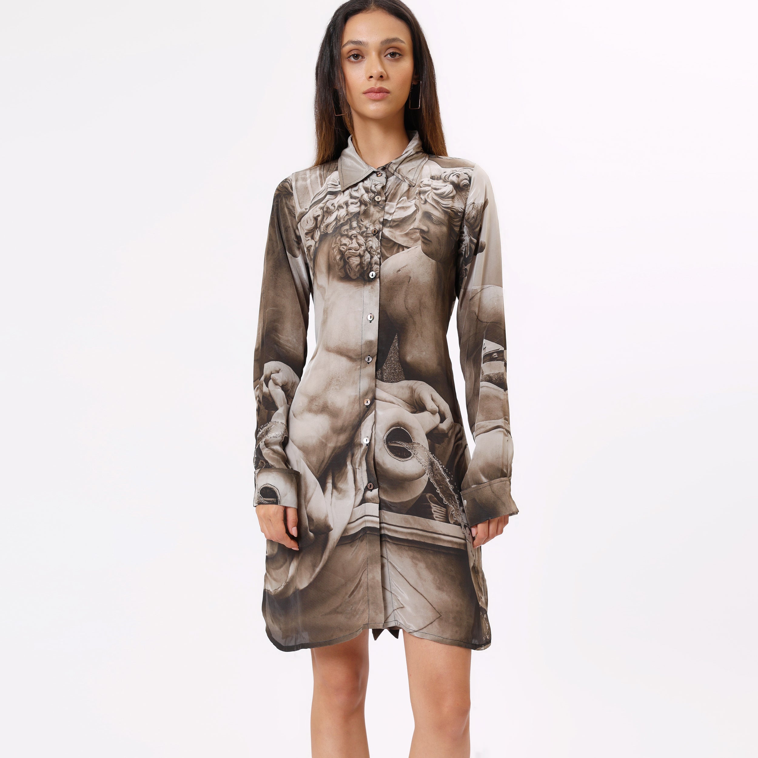 Stylera unique graphic button down dress featuring artistic designs and a stylish long silhouette