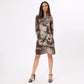 Stylera unique graphic button down dress featuring a bold artistic print in neutral tones