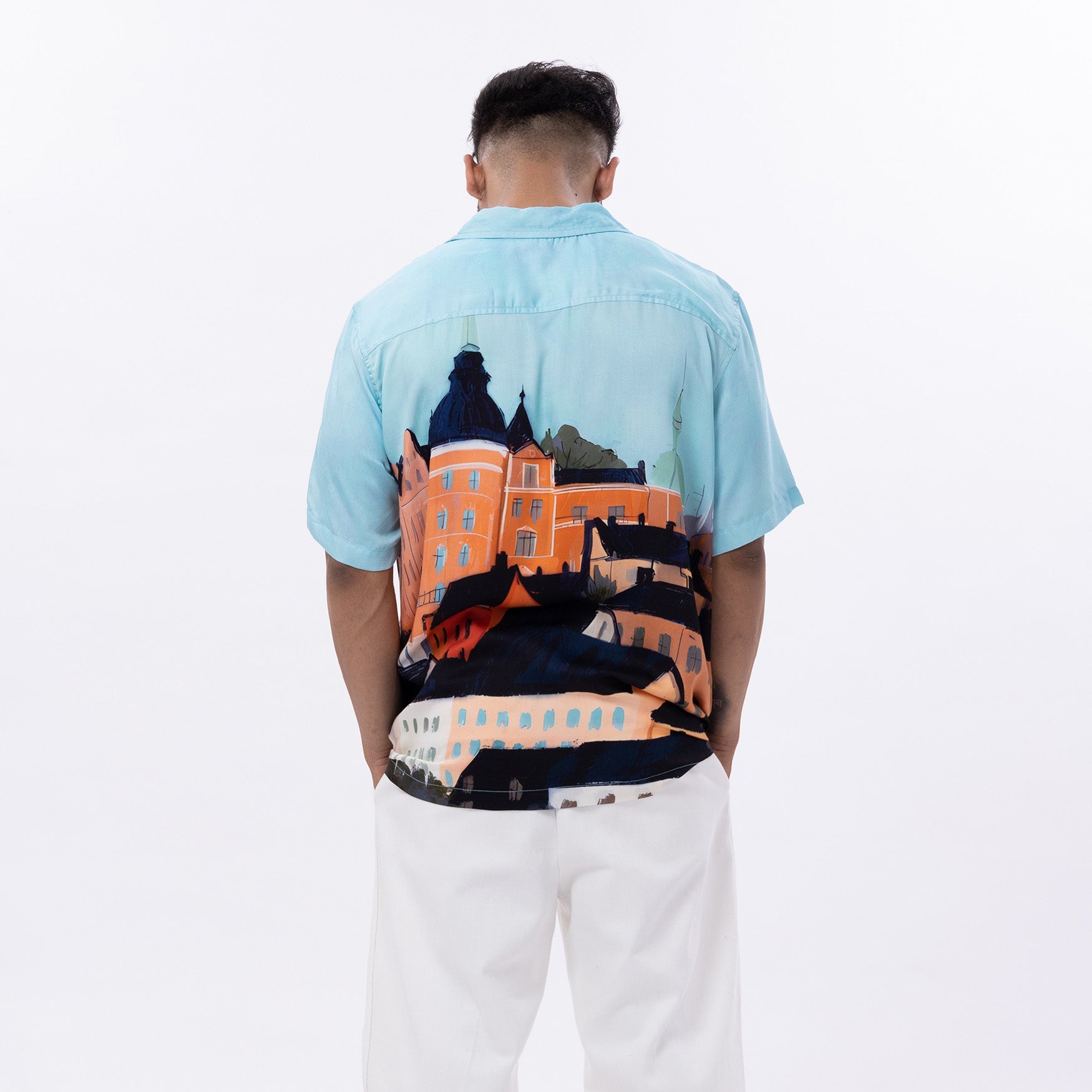 Stylera unique graphic button up shirt featuring a vibrant cityscape design on the back