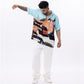 Stylera unique graphic button up shirt in light blue with vibrant cityscape design for stylish casual wear