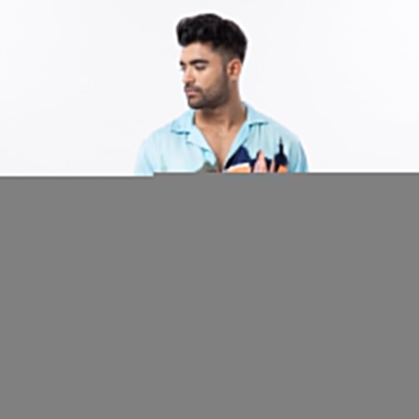 Stylera unique graphic button up shirt in light blue with colorful design, perfect for casual outings