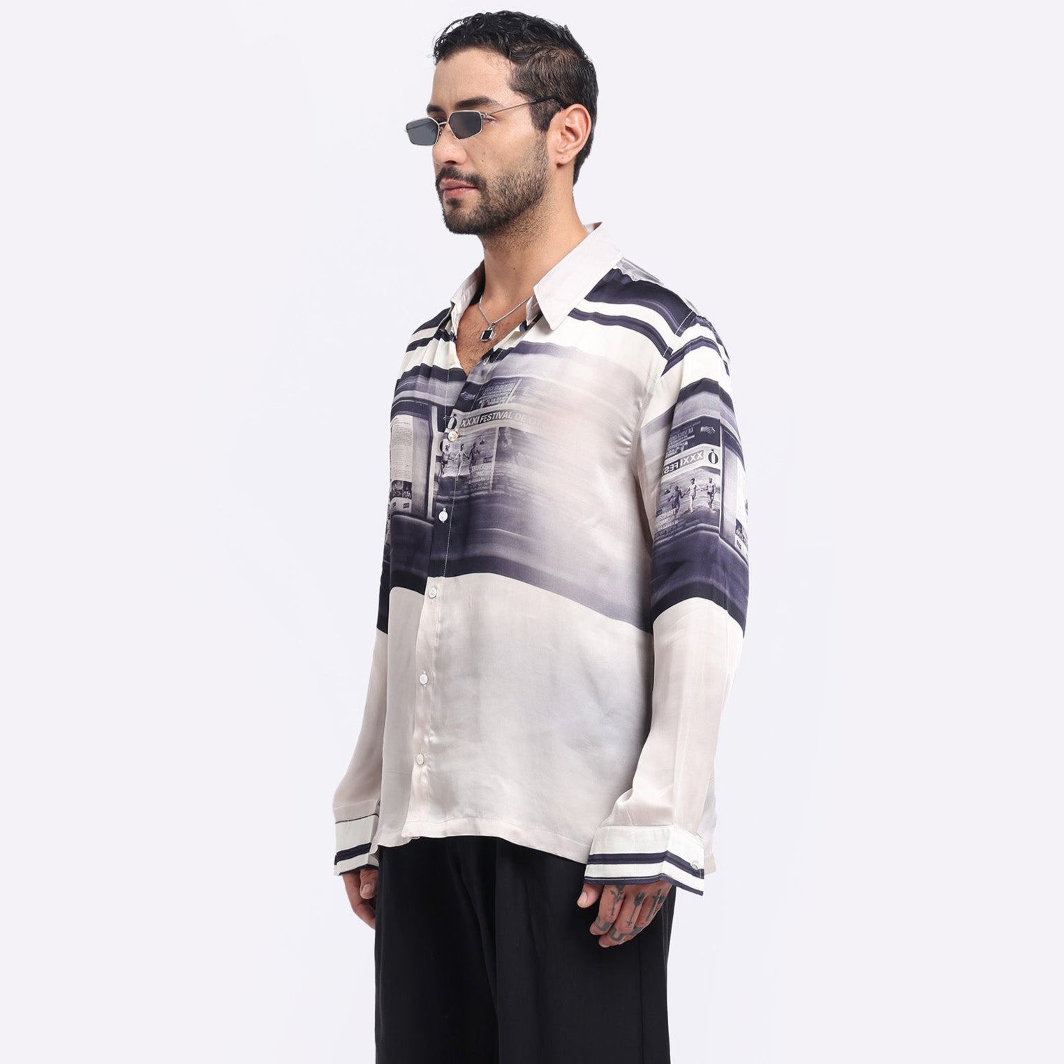 Stylera unique graphic long sleeve shirt in light colors with a stylish design and button-up front.