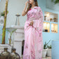 Elegant unique handpainted saree for weddings in soft pink with floral designs, perfect for festive occasions