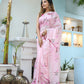 Unique handpainted saree for weddings in soft pink with floral patterns, perfect for elegant occasions