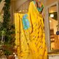 Unique Indian saree with embroidery in vibrant yellow, showcasing intricate designs on soft fabric