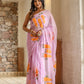 Gorgeous unique party wear saree hand painted in soft pink with vibrant floral designs