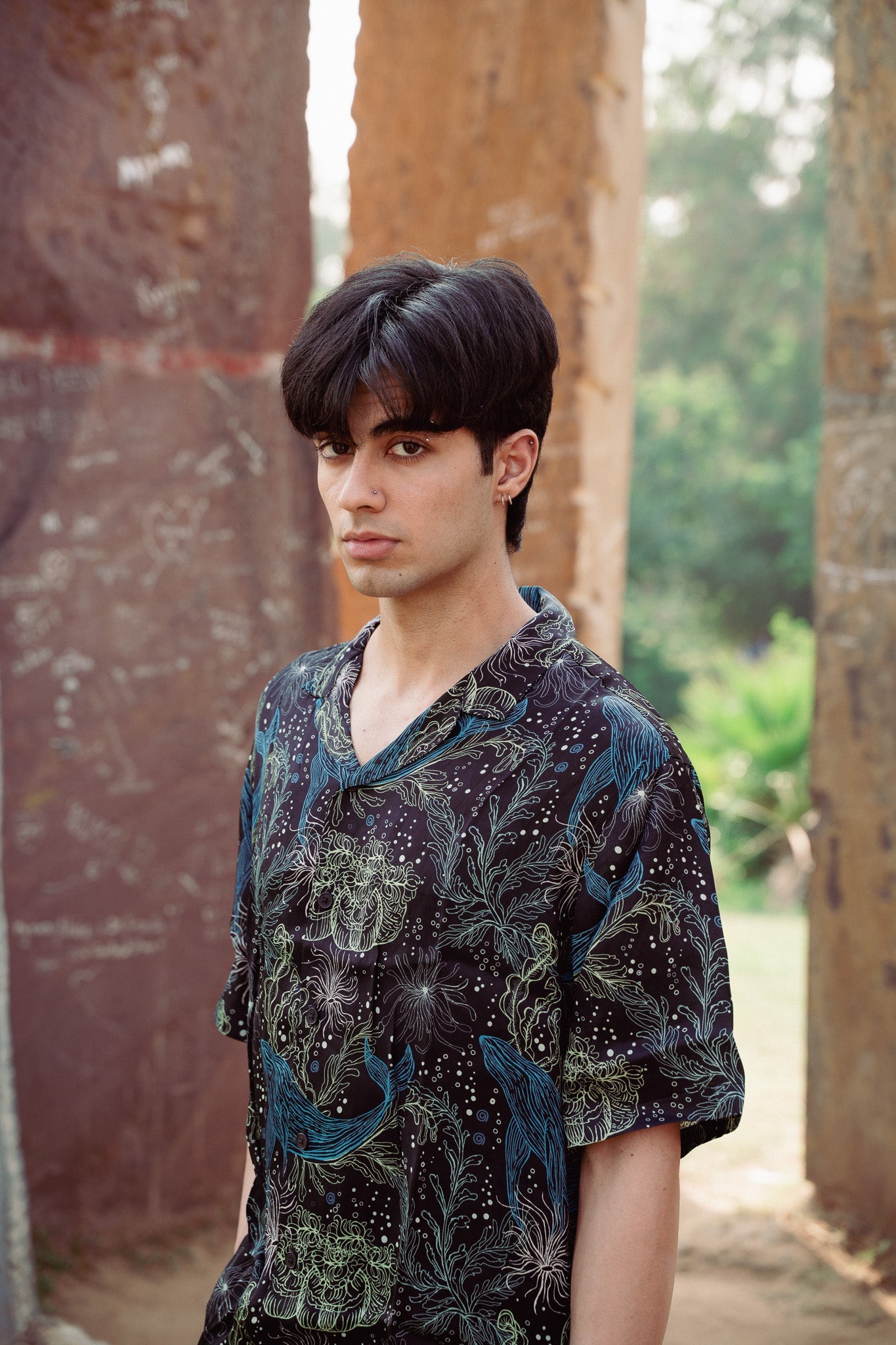 Stylera unique print casual shirt displayed in a natural outdoor setting