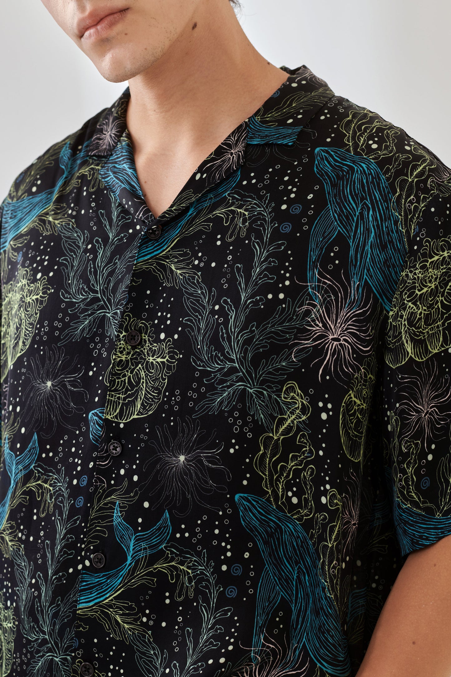 Unique print casual shirt by Stylera with a vibrant aquatic design featuring whales and sea plants