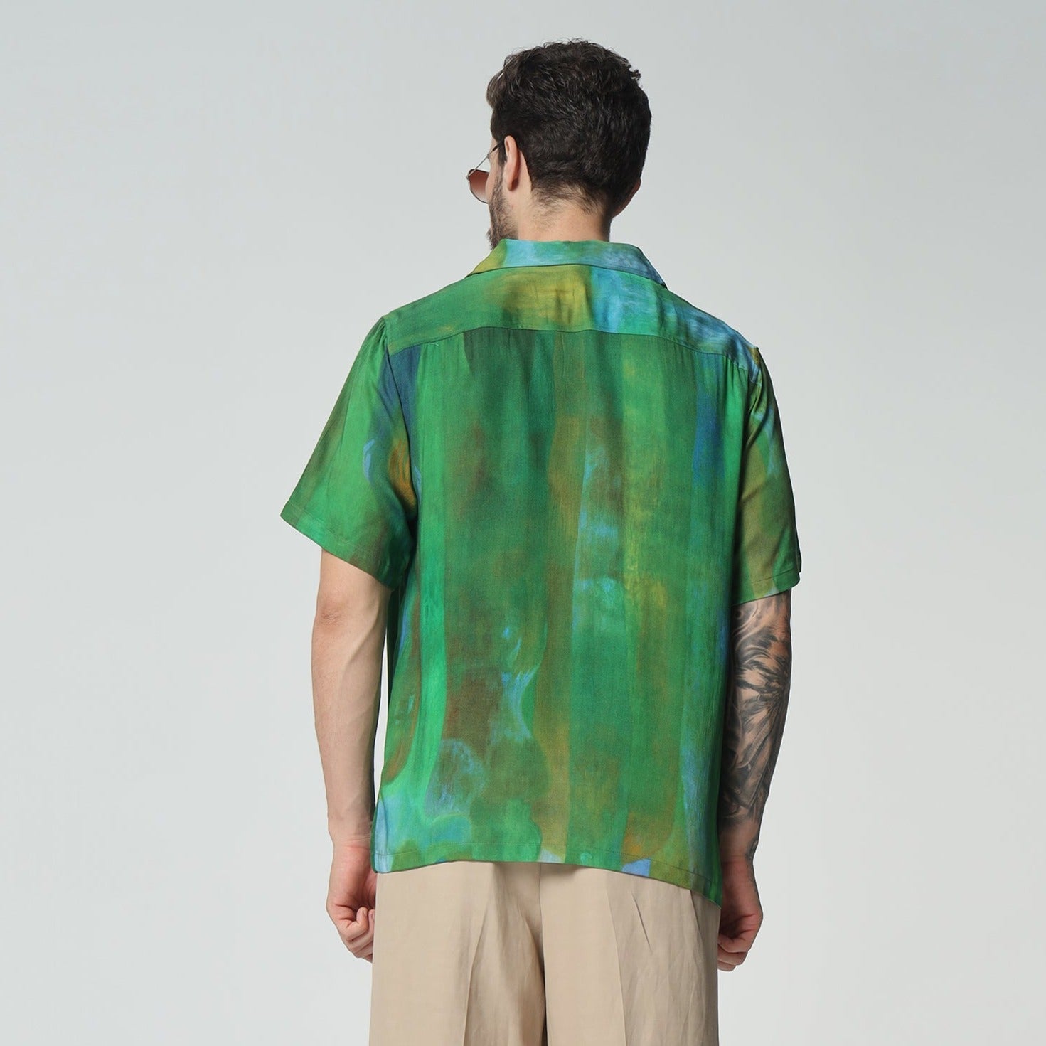 Stylera unique print mens shirts with a vibrant green design showcasing a stylish back view