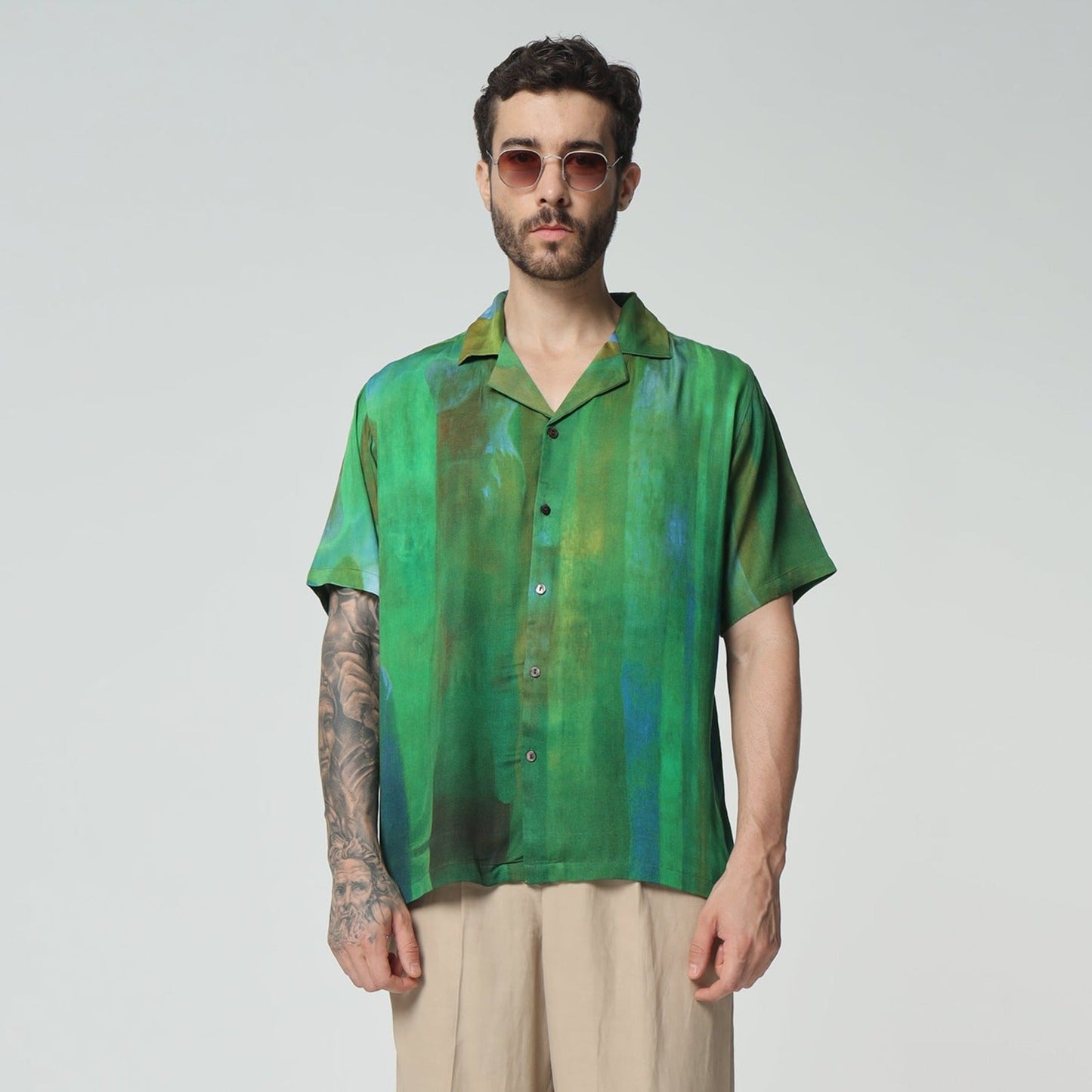Stylera unique print mens shirts in vibrant green, featuring a stylish short sleeve design