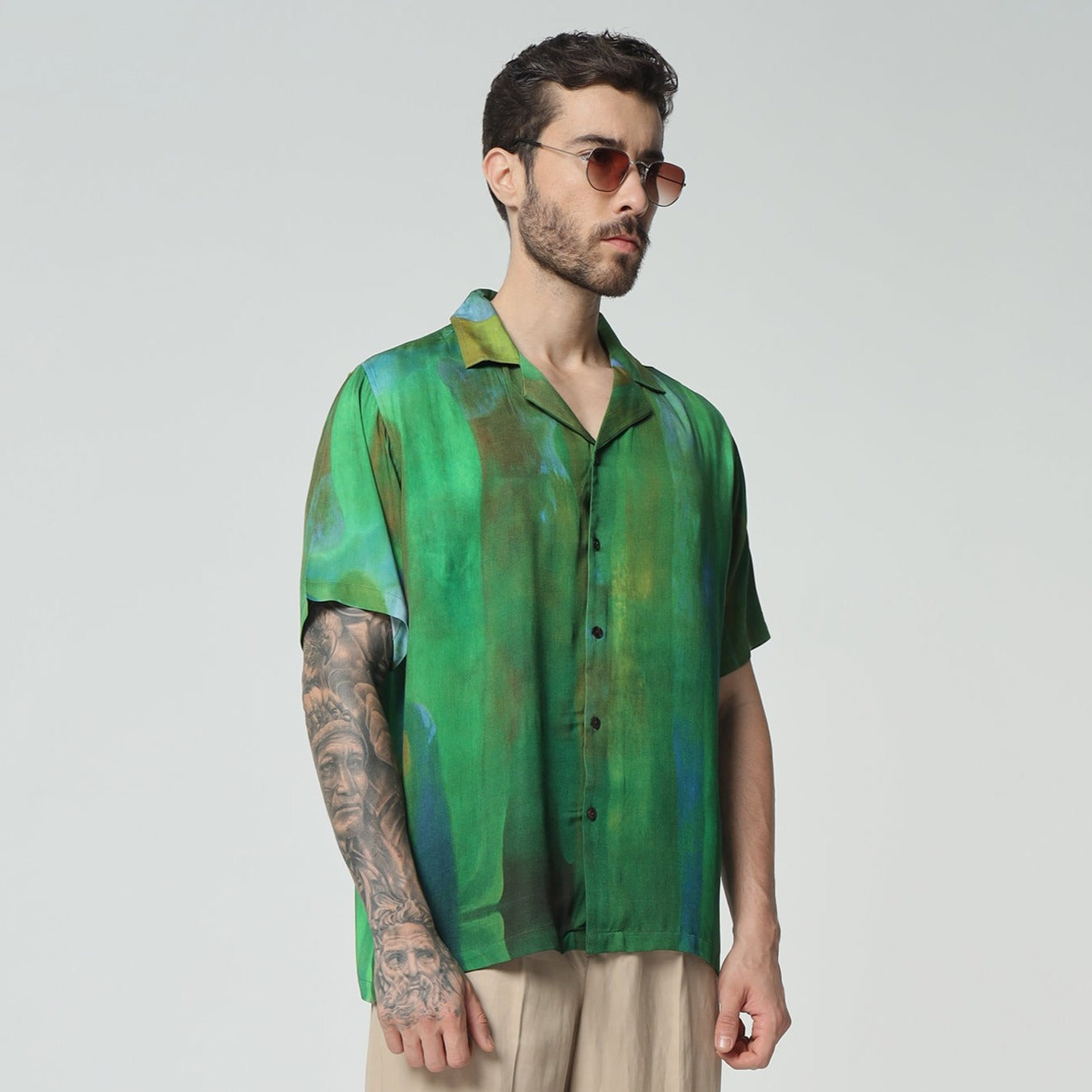 Stylera unique print mens shirts in vibrant green with a relaxed fit and stylish design