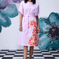 Stylera lavender dress with orange floral panel and waist tie unique print relaxed fit dress with sneakers