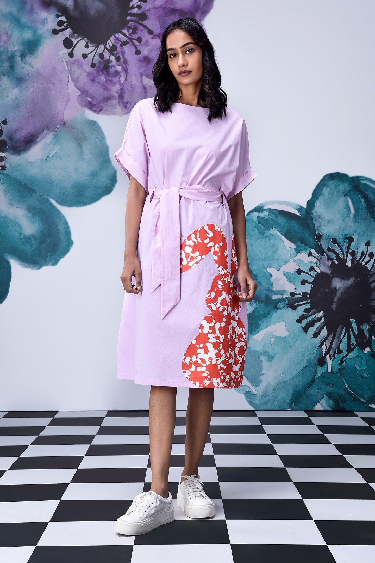 Stylera lavender dress with orange floral panel and waist tie unique print relaxed fit dress with sneakers