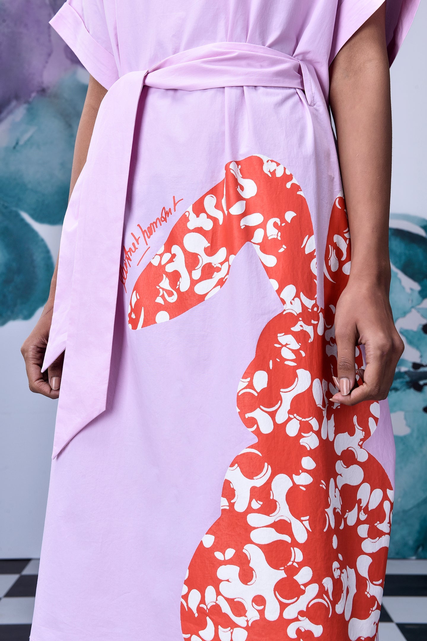 Stylera lilac belted midi dress with bold red abstract side print unique print relaxed fit dress